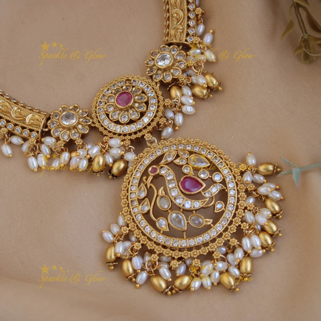 Premium matt floral peacock carved gutta pusalu short necklace with CZ stones rice pearls ruby - Sparkle and Glow