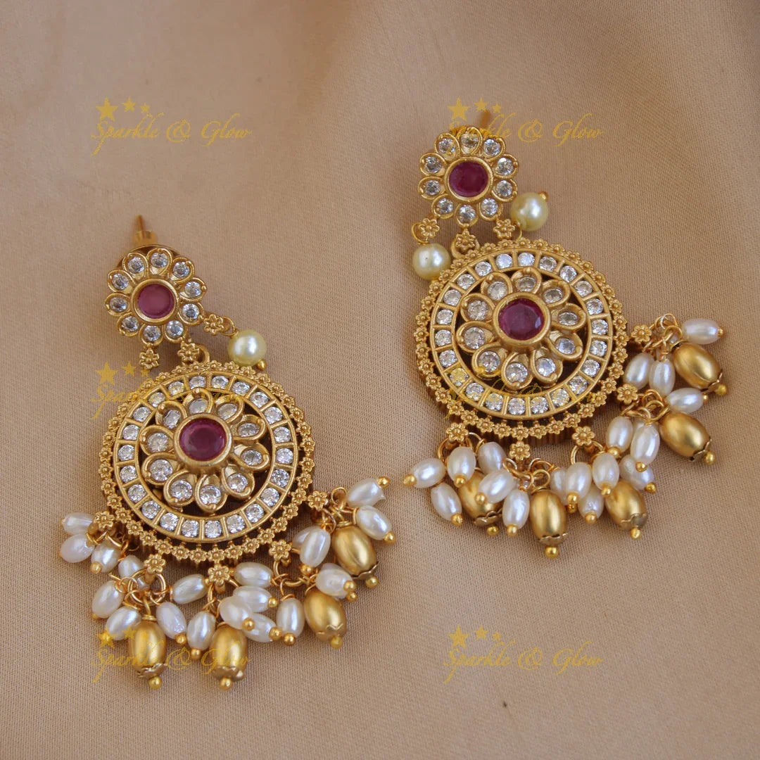 Premium matt floral peacock carved gutta pusalu short necklace with CZ stones rice pearls ruby - Sparkle and Glow