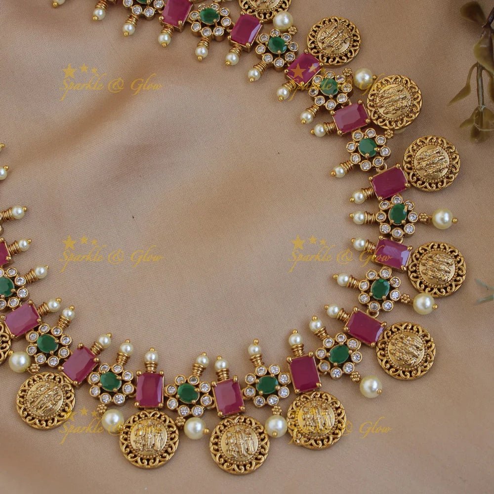 Statement Premium Matt Rama Parivar floral design coin haram with CZ stones ruby and emerald - Sparkle and Glow