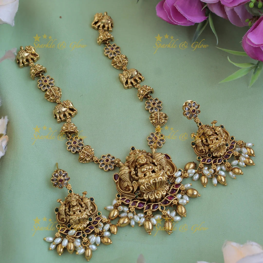 Beautiful Lakshmi elephant peacock carved short necklace with rice pearls ruby stones - Sparkle and Glow