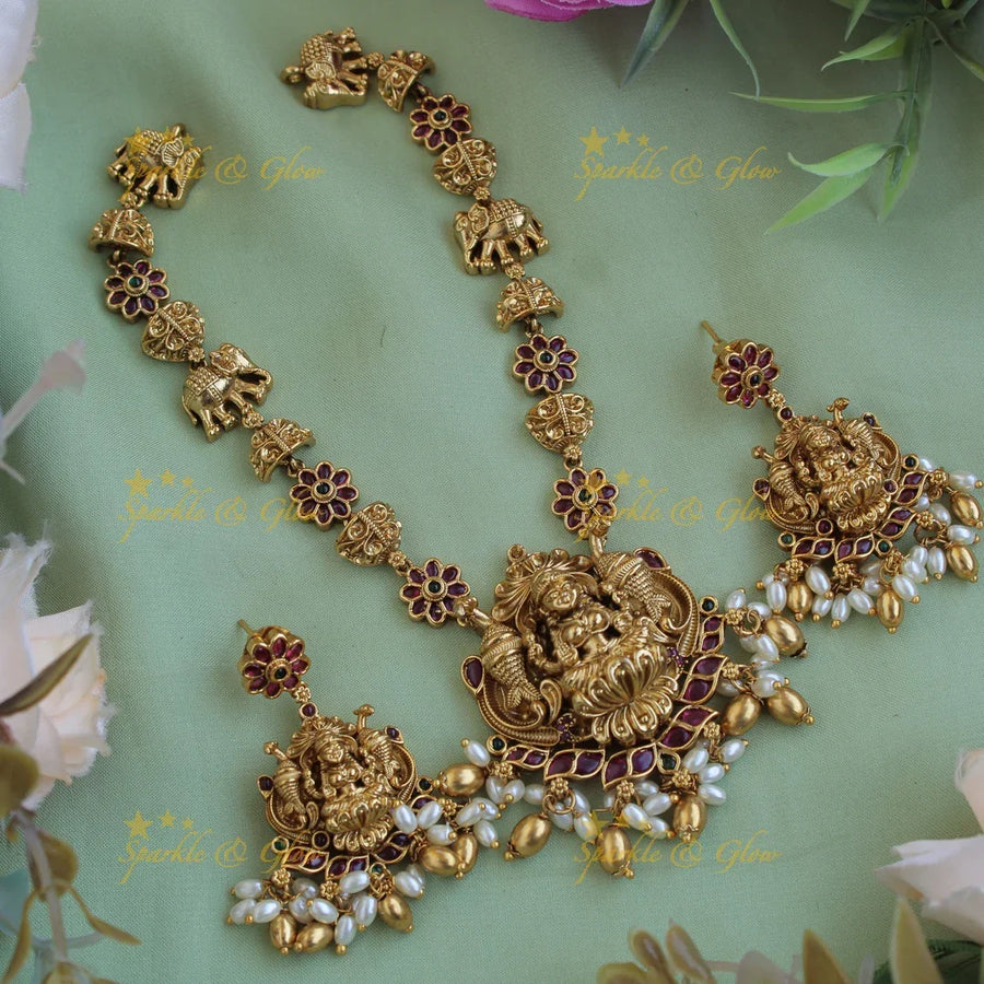 Beautiful Lakshmi elephant peacock carved short necklace with rice pearls ruby stones - Sparkle and Glow