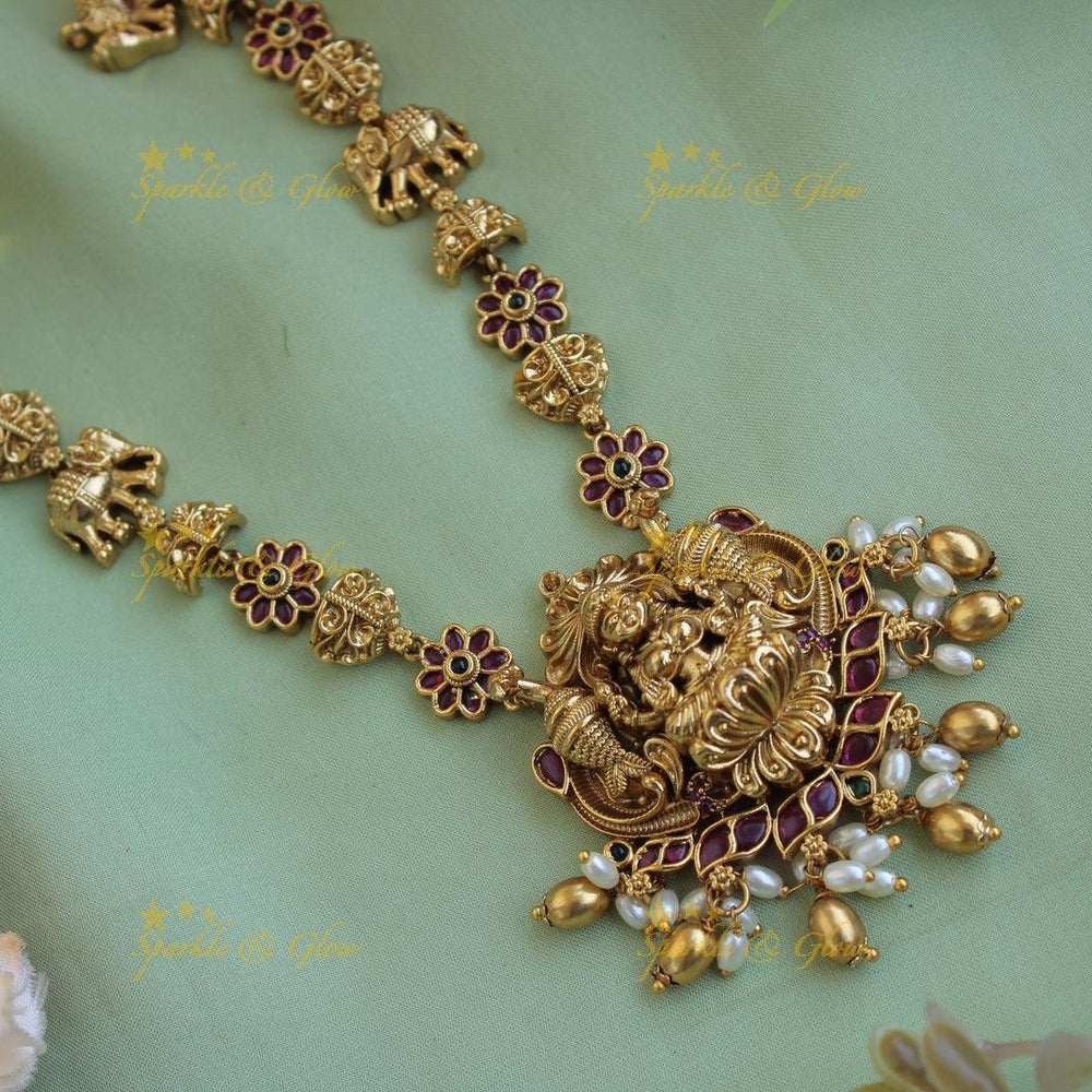 Beautiful Lakshmi elephant peacock carved short necklace with rice pearls ruby stones - Sparkle and Glow