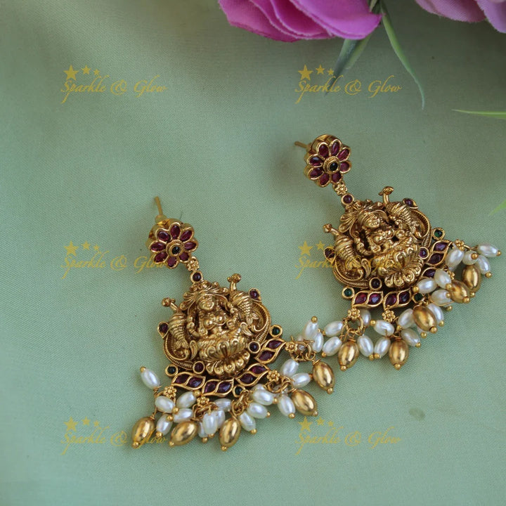 Beautiful Lakshmi elephant peacock carved short necklace with rice pearls ruby stones - Sparkle and Glow