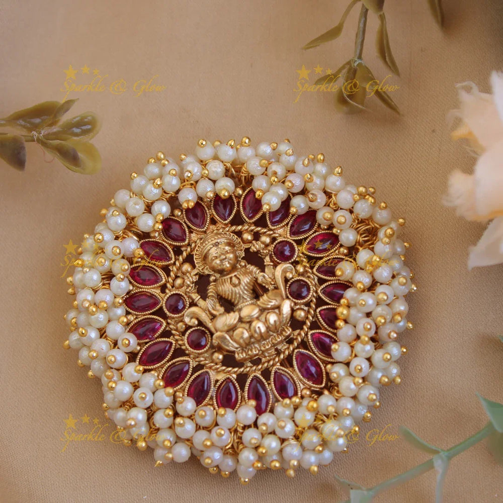 Exclusive gold alike Lakshmi round shaped hair pin-Red - Sparkle and Glow