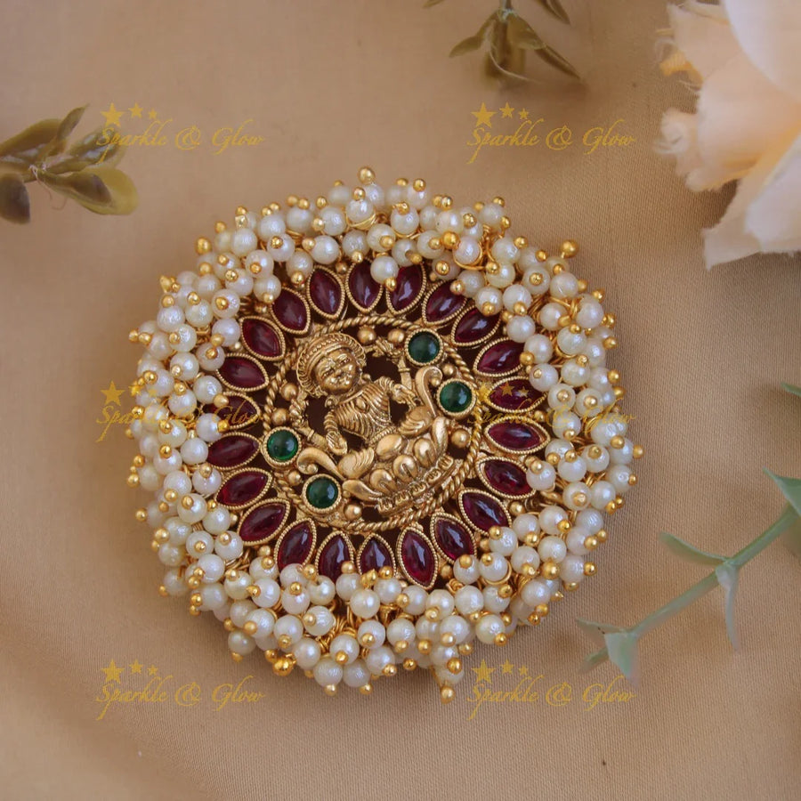 Exclusive gold alike Lakshmi round shaped hair pin-Red - Sparkle and Glow