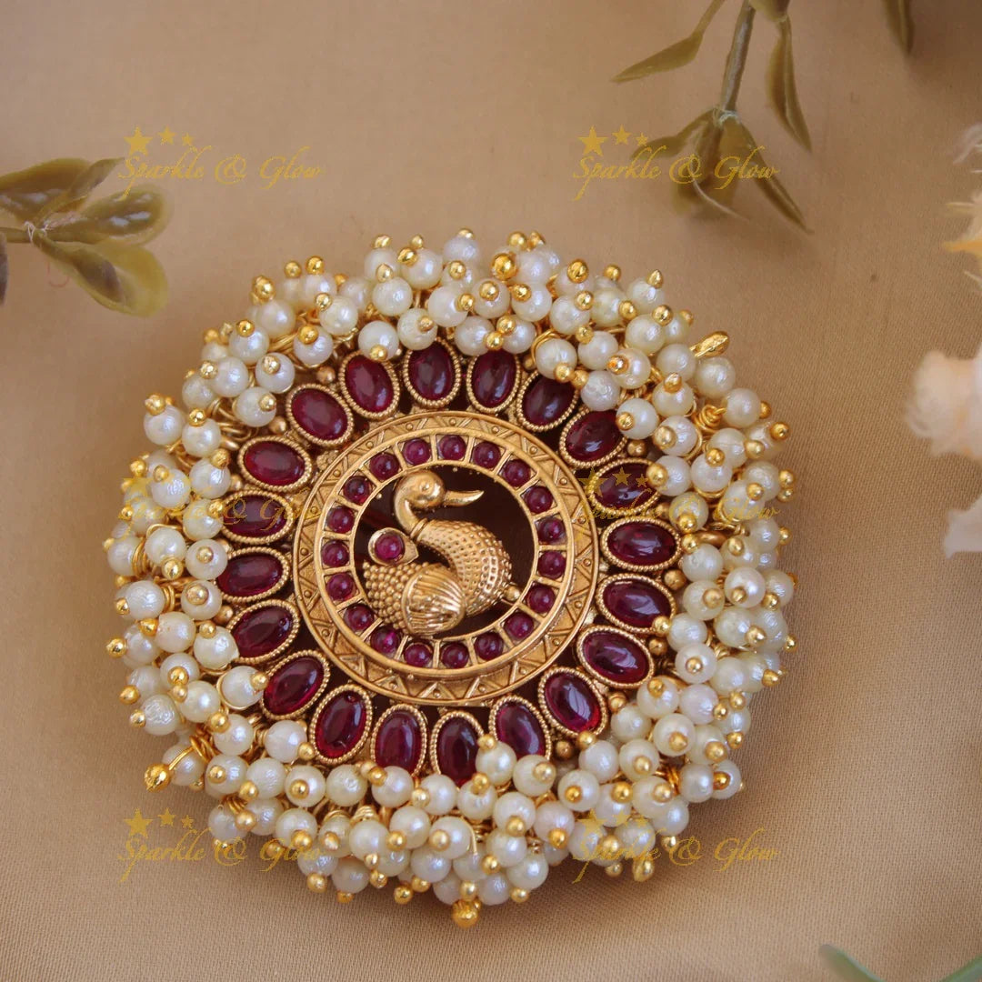 Elegant gold alike round shaped Peacock hair pin-Red - Sparkle and Glow