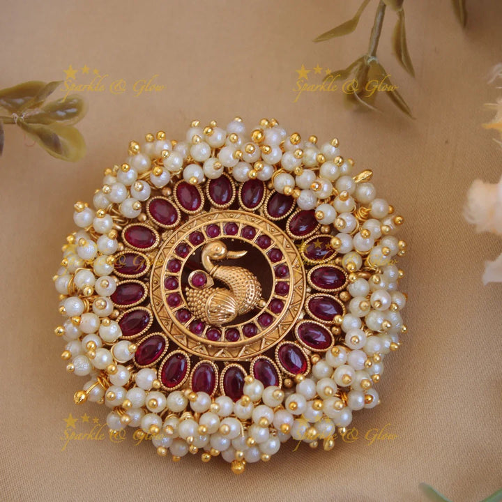 Elegant gold alike round shaped Peacock hair pin-Red - Sparkle and Glow