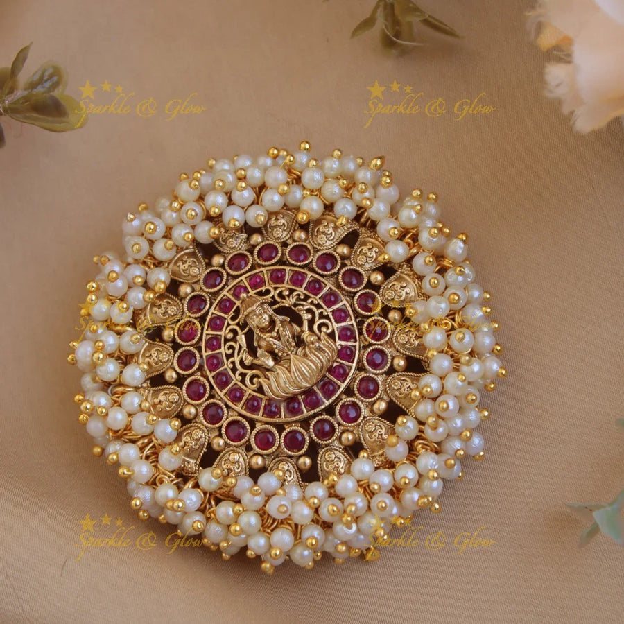 Beautiful gold alike Lakshmi round shaped hair pin-Red - Sparkle and Glow