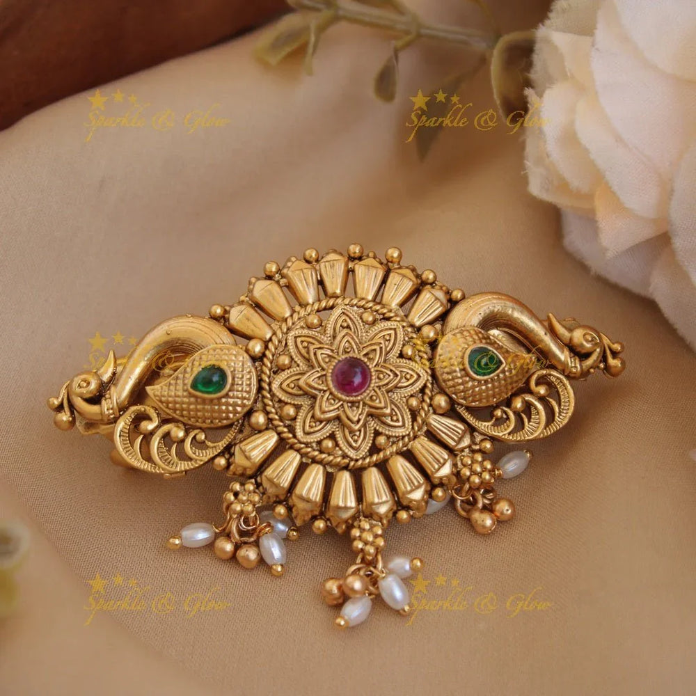 Exclusive Gold alike Lakshmi Peacock Hair Clip with Pearl beads-Multi - Sparkle and Glow
