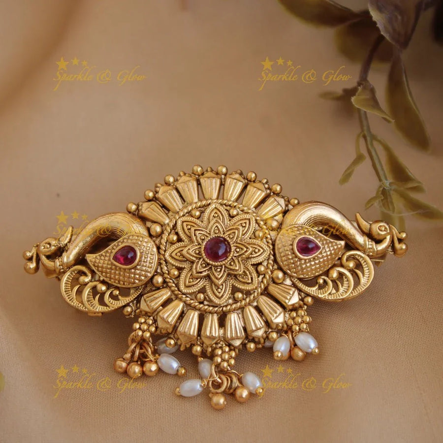 Exclusive Gold alike Lakshmi Peacock Hair Clip with Pearl beads-Multi - Sparkle and Glow