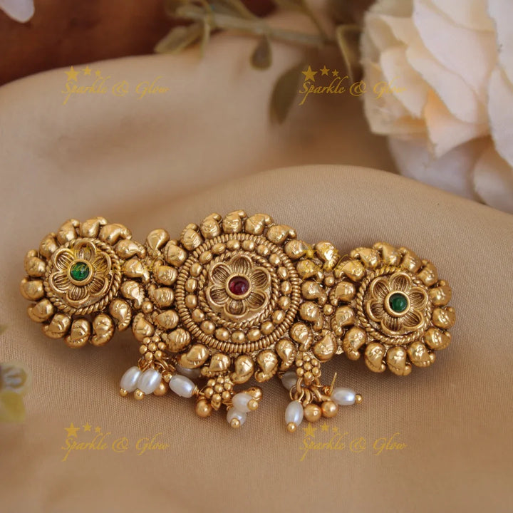 Simple Gold alike Flower design Hair Clip with Pearl beads-Multi - Sparkle and Glow