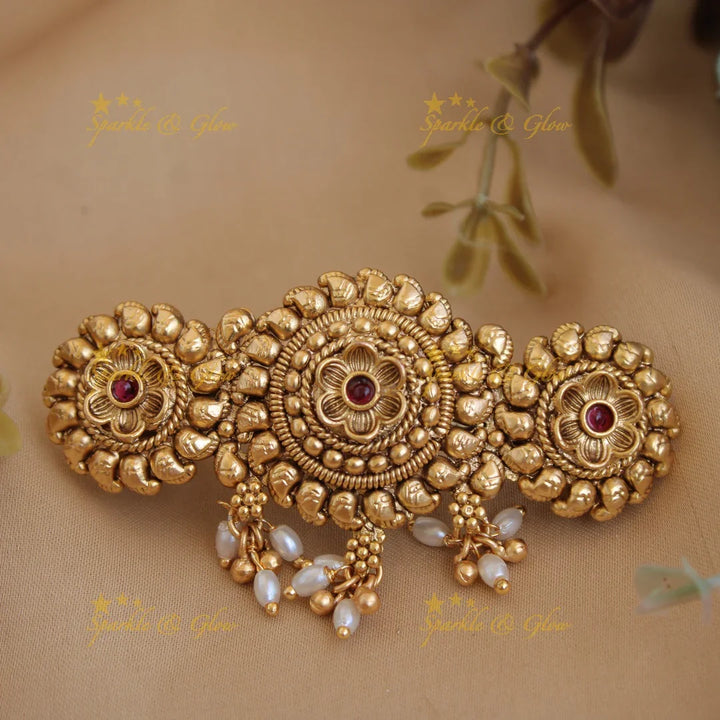 Simple Gold alike Flower design Hair Clip with Pearl beads-Multi - Sparkle and Glow