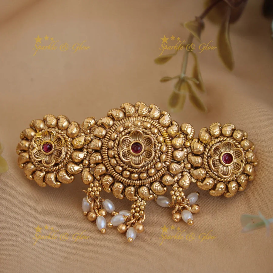 Simple Gold alike Flower design Hair Clip with Pearl beads-Multi - Sparkle and Glow