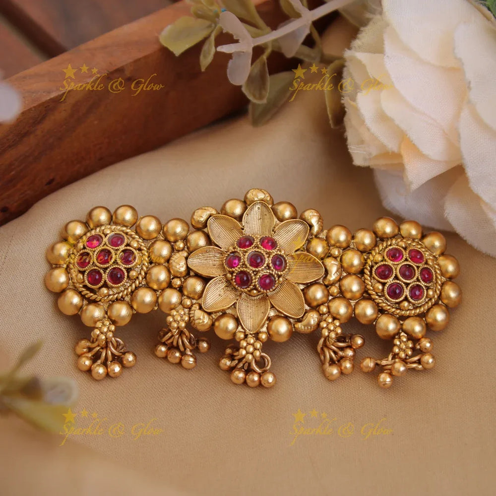 Gold alike Flower design Hair Clip with Gold beads-Red - Sparkle and Glow