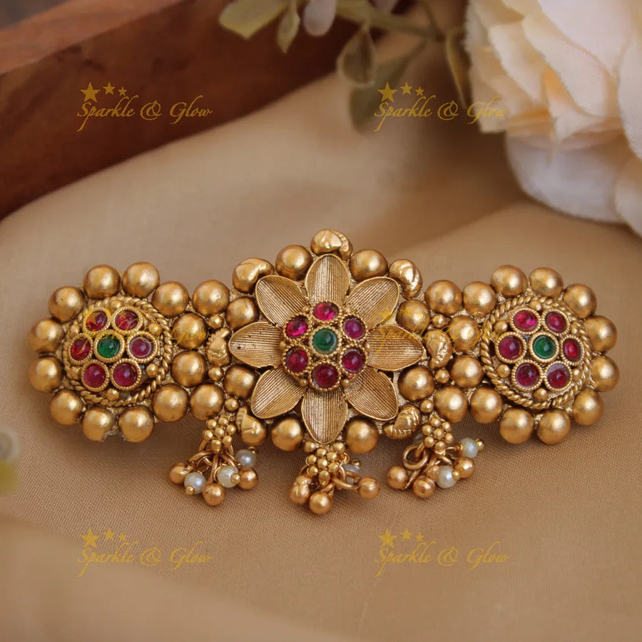 Gold alike Flower design Hair Clip with Gold beads-Red - Sparkle and Glow