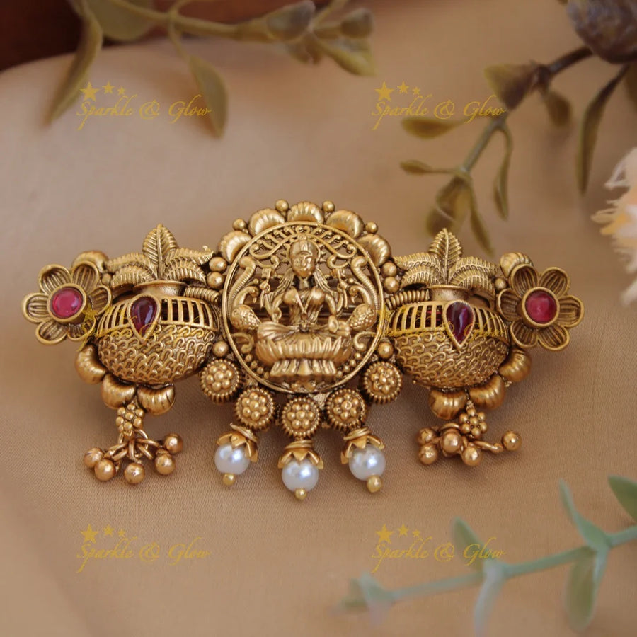 Exclusive Gold alike Lakshmi with Ghot design Hair Clip with Gold Beads-Red - Sparkle and Glow