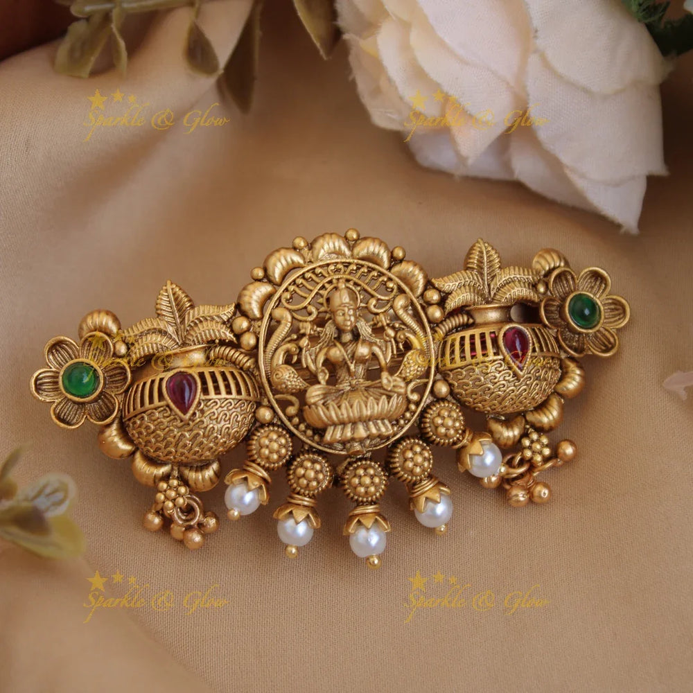 Exclusive Gold alike Lakshmi with Ghot design Hair Clip with Gold Beads-Red - Sparkle and Glow