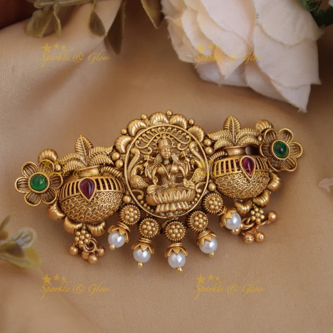 Exclusive Gold alike Lakshmi with Ghot design Hair Clip with Gold Beads-Red - Sparkle and Glow