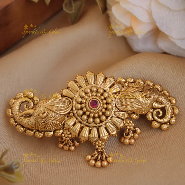 Gold alike Flower design with Elephant Hair Clip with Gold beads-Red - Sparkle and Glow