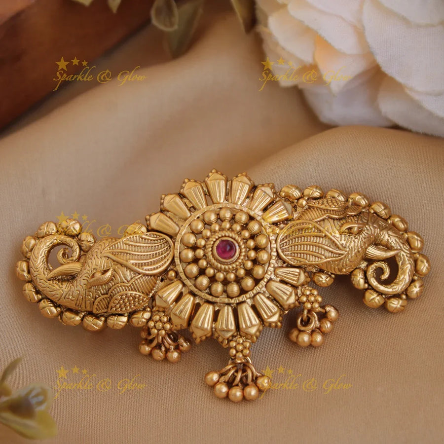 Gold alike Flower design with Elephant Hair Clip with Gold beads-Red - Sparkle and Glow