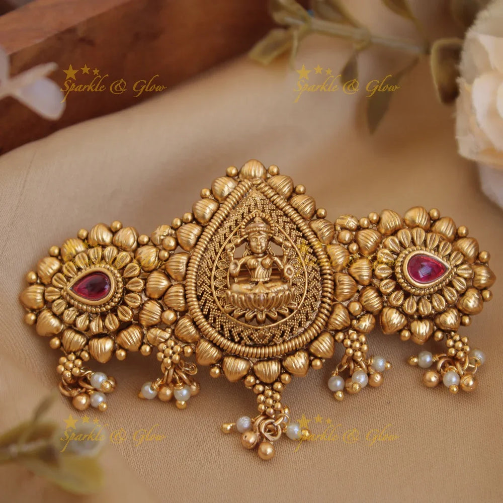 Exclusive Gold alike Lakshmi Hair Clip with Pearl beads-Red - Sparkle and Glow