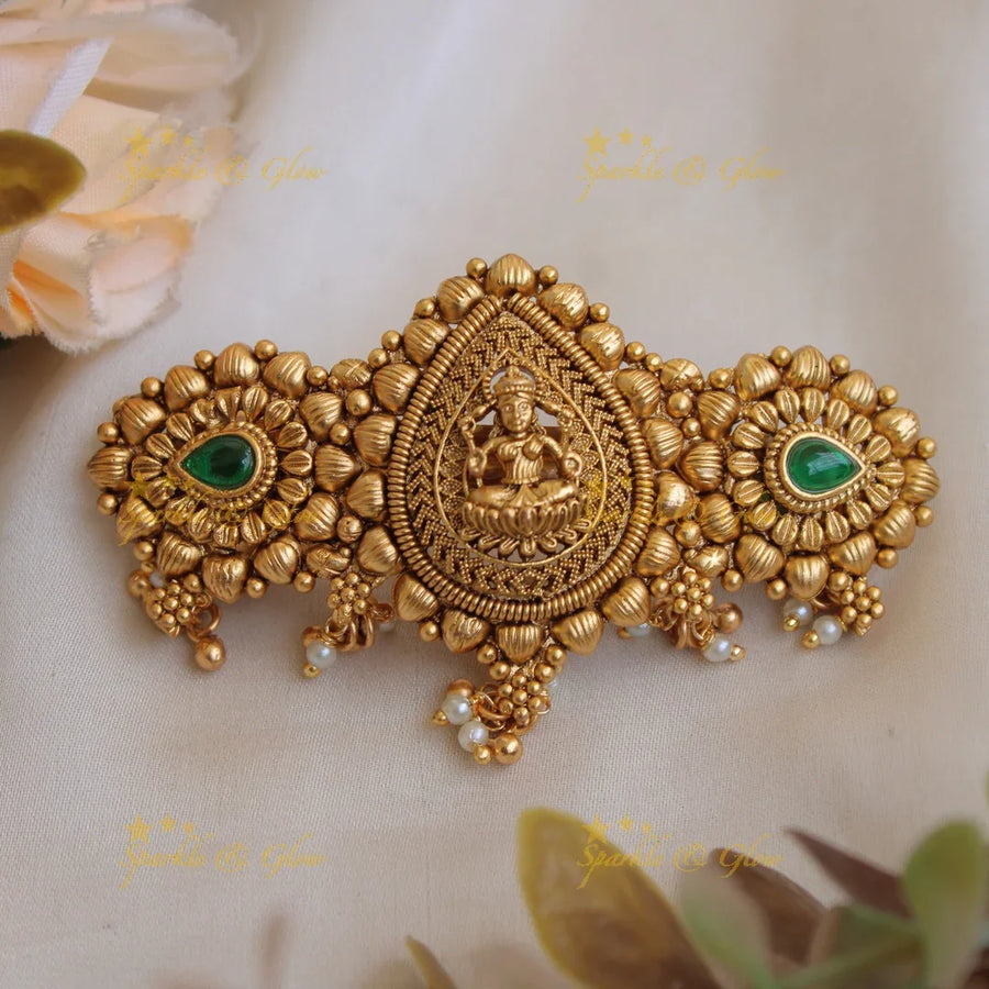 Exclusive Gold alike Lakshmi Hair Clip with Pearl beads-Red - Sparkle and Glow