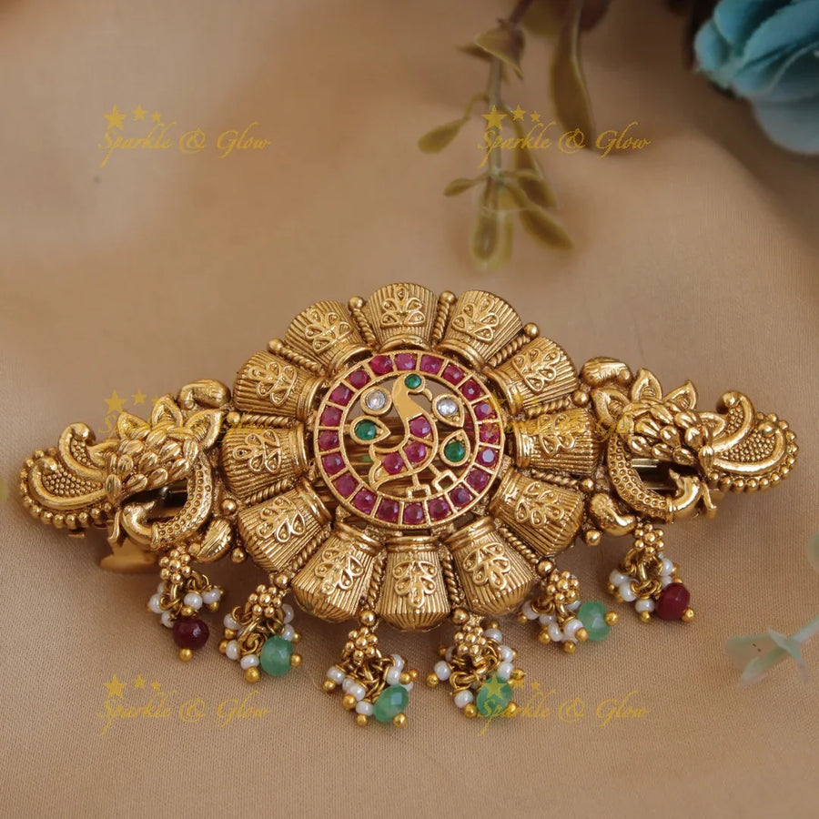 Elegant Gold alike Peacock Hair Clip with Multicolour Beads-Multi - Sparkle and Glow
