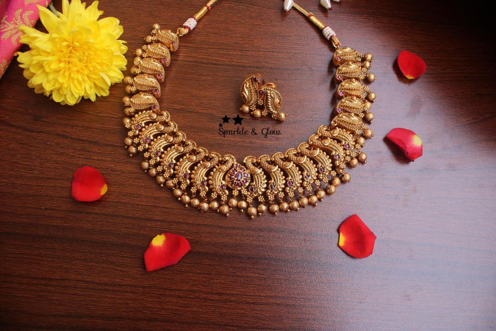 Gold alike polished antque peacock necklace with kemp stones - Multi - Sparkle and Glow