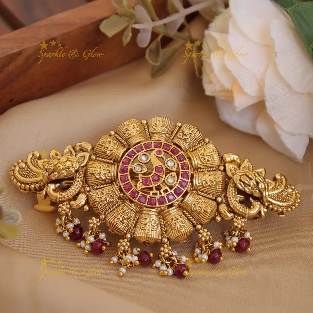 Elegant Gold alike Peacock Hair Clip with Multicolour Beads-Multi - Sparkle and Glow