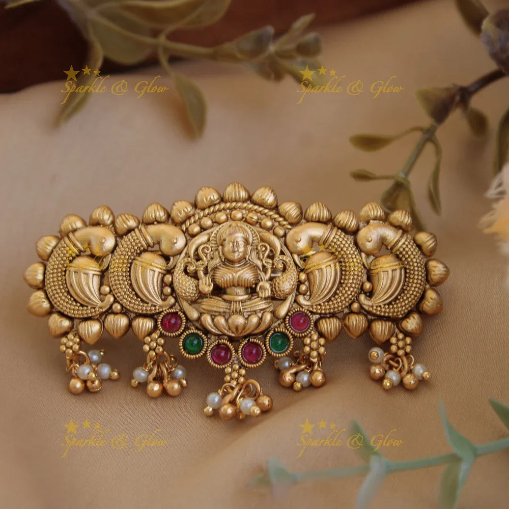 Exclusive Gold alike Lakshmi Peacock Hair Clip with PearlGold beads-Multi - Sparkle and Glow