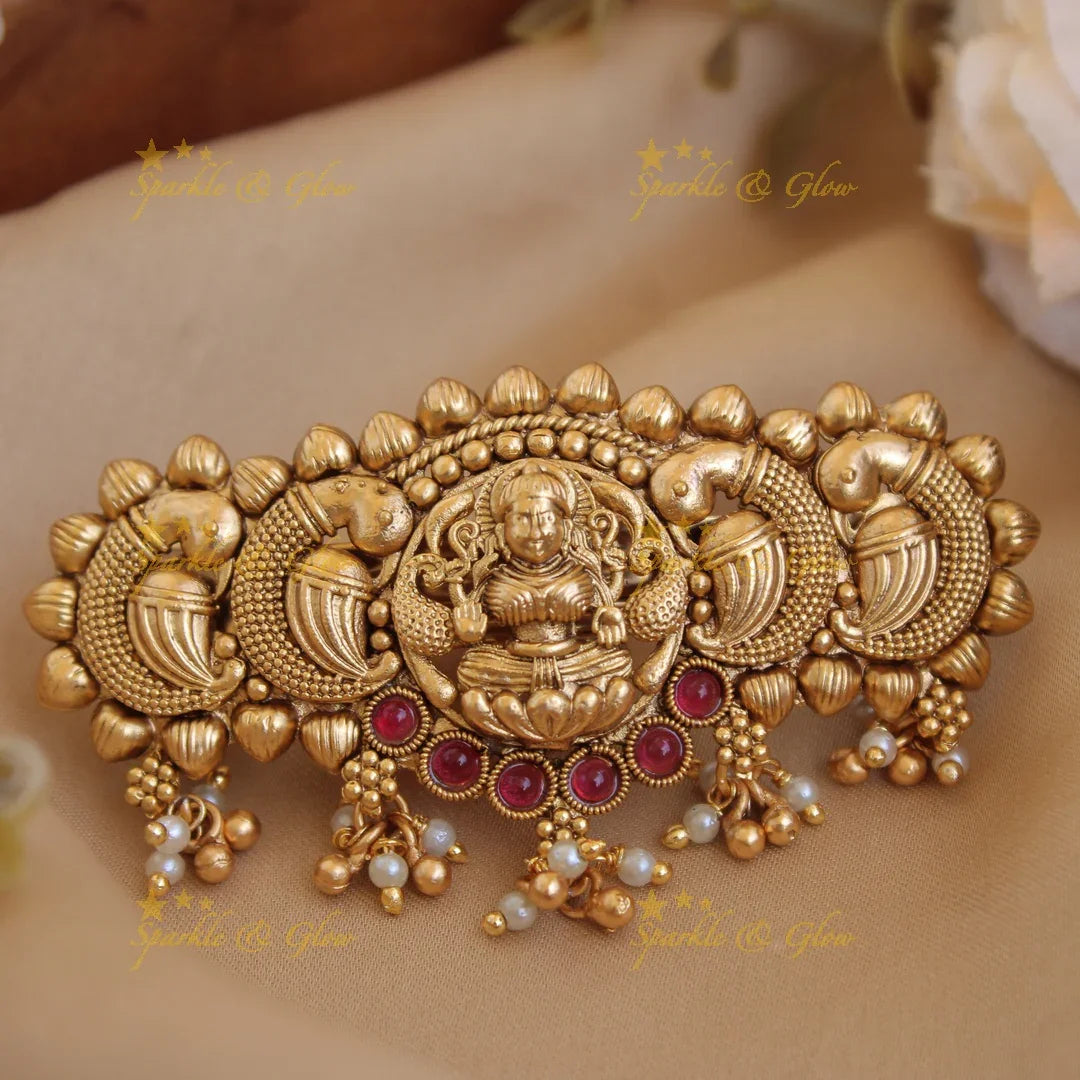 Exclusive Gold alike Lakshmi Peacock Hair Clip with PearlGold beads-Multi - Sparkle and Glow