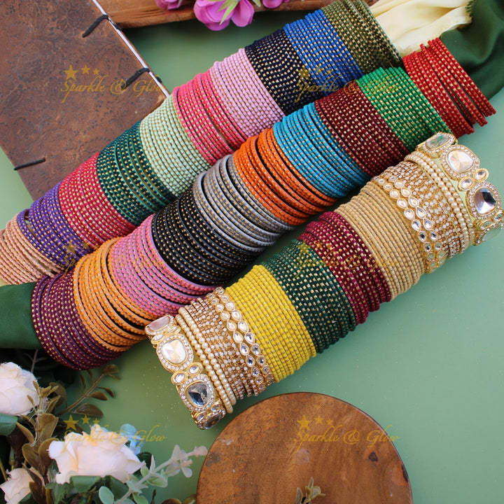 Printed Velvet finish Metal Bangle Combo Box in Assorted colours