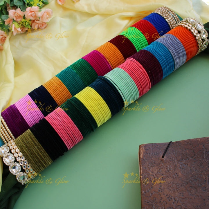 Stunning Velvet finish Metal Bangle Combo Box in Assorted colours