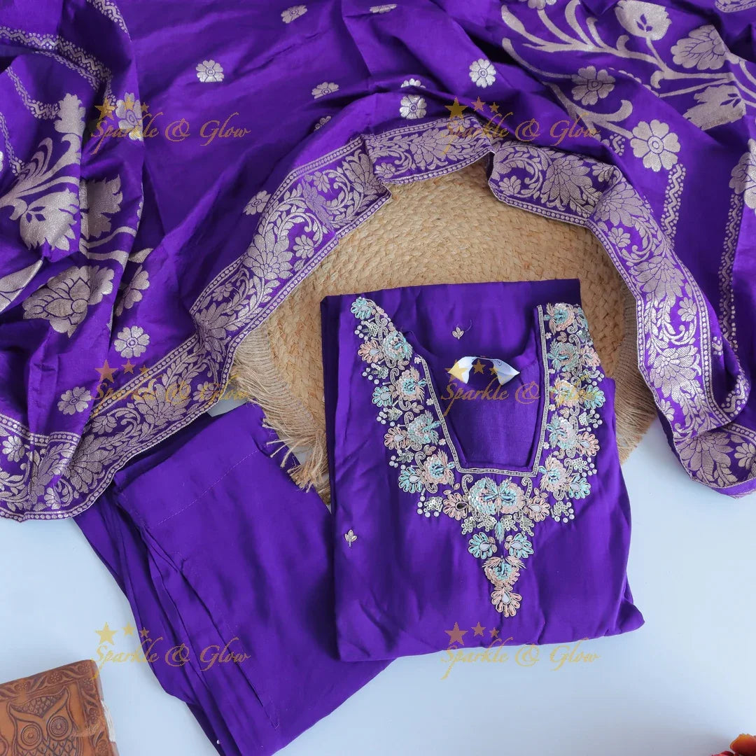 Gorgeous Roman Silk Kurti pant with Banarasi jacquard Dupatta set- Purple - Sparkle and Glow