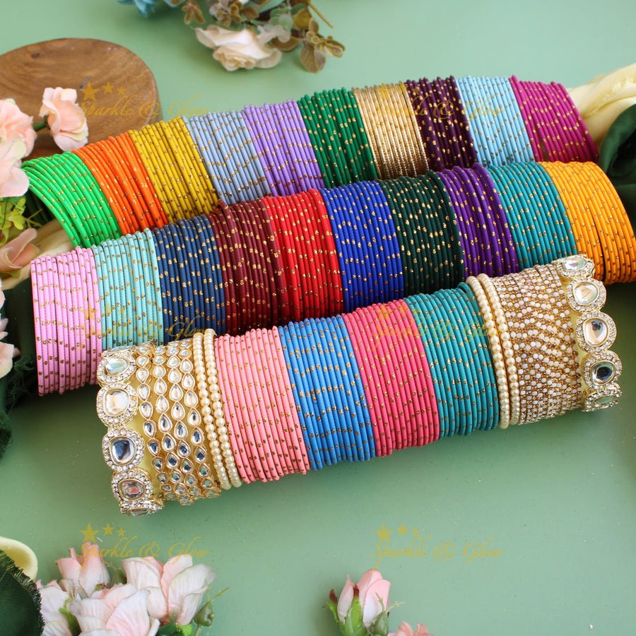 Printed Metal Bangle Combo Box in Assorted colours with pearl bangles Design 2 - Sparkle and Glow - 2.2 - 