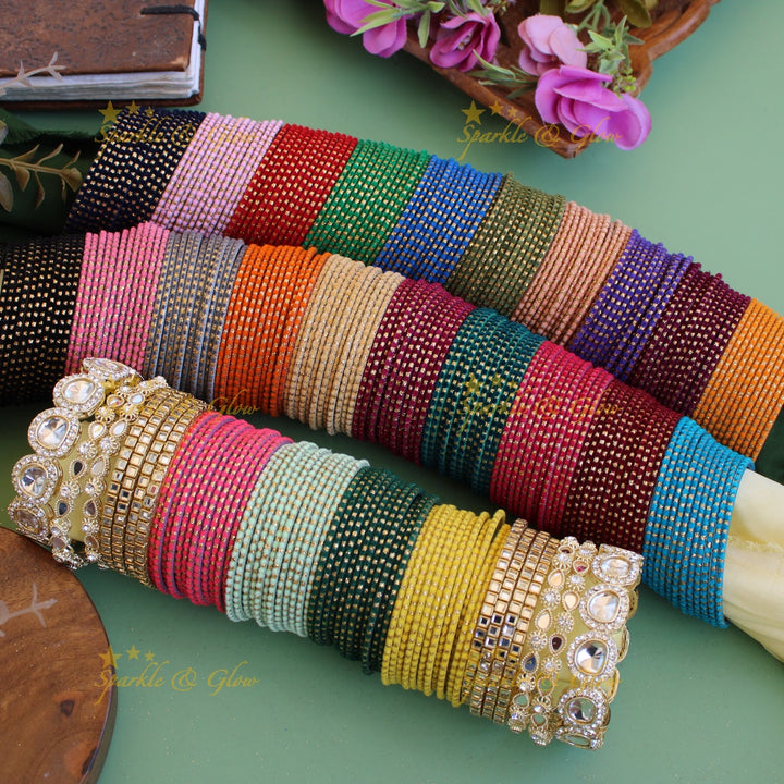 Printed Velvet finish Metal Bangle Combo Box in Assorted colours
