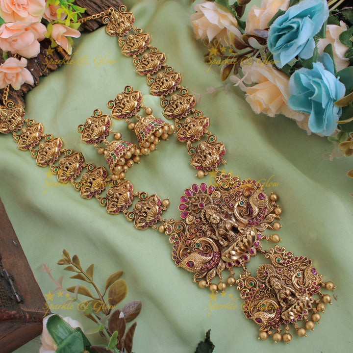 Grand intricatly carved Lakshmi peacock long necklace with kemp stone and gold beads