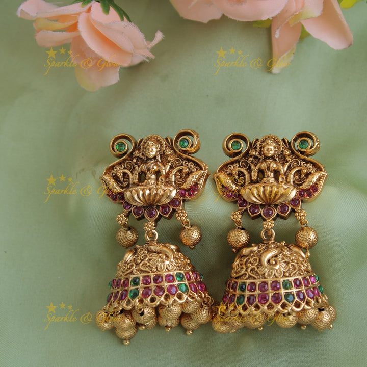 Grand intricatly carved Lakshmi peacock long necklace with kemp stone and gold beads