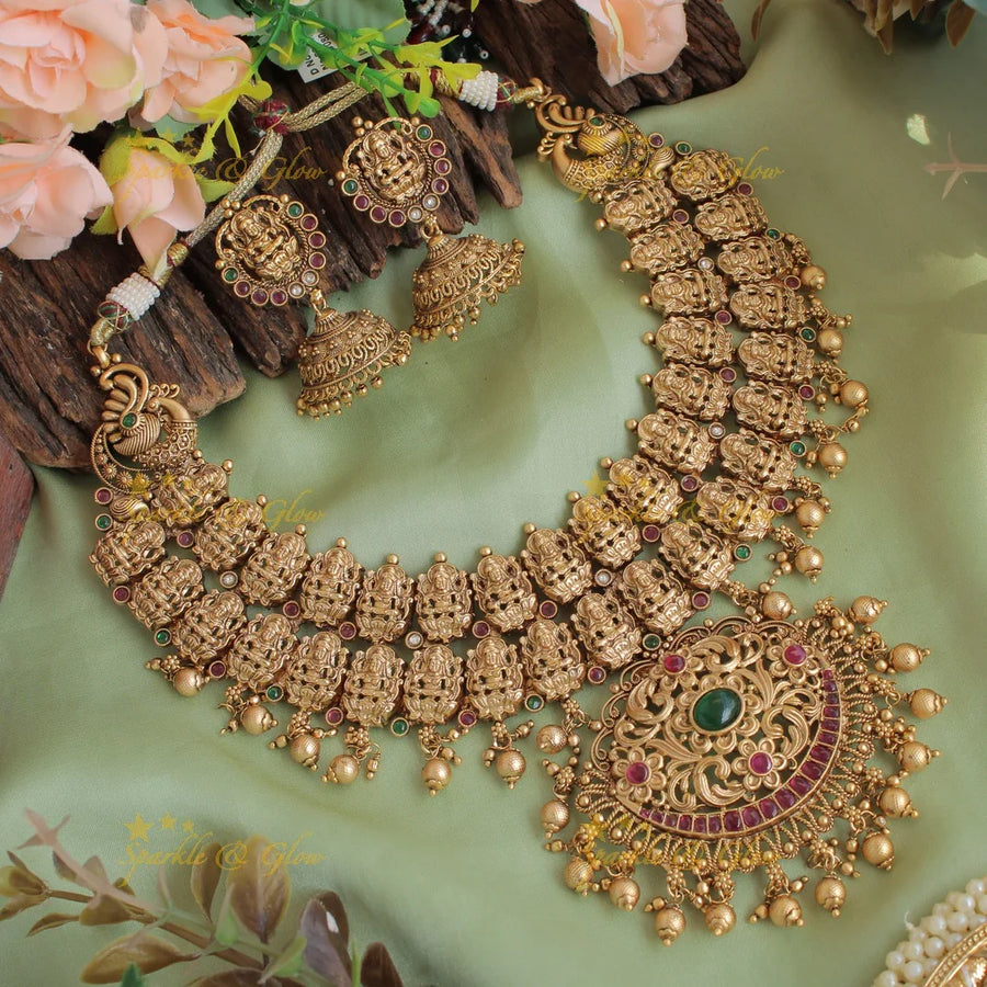 Exclusive two layer Lakshmi peacock carved kemp stone short necklace with gold beads - Sparkle and Glow