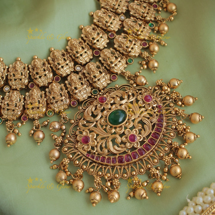 Exclusive two layer Lakshmi peacock carved  kemp stone short necklace with gold beads