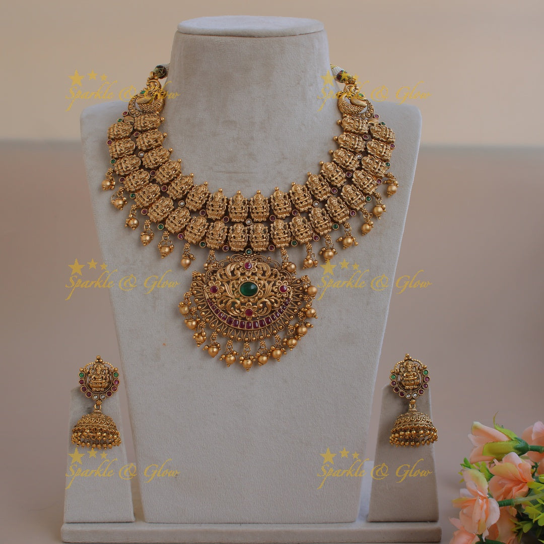 Exclusive two layer Lakshmi peacock carved  kemp stone short necklace with gold beads