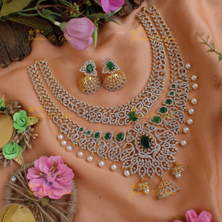 Statement floral and leaf design American diamond layer necklace with jhumuka drops pealrs and emerald - green - Sparkle and Glow - Pink - Back Thread