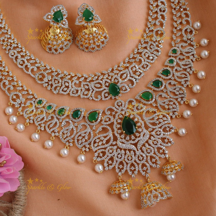 Statement floral and leaf design American diamond layer necklace with jhumuka drops pealrs and emerald - green - Sparkle and Glow - Green - Back Thread