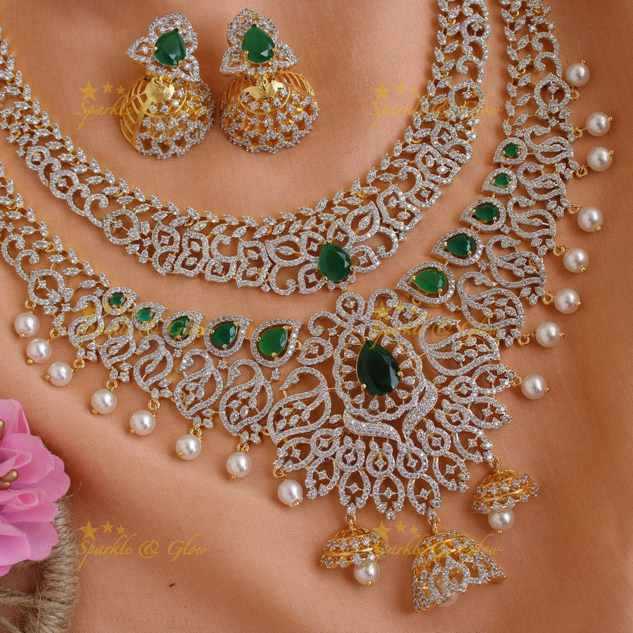 Statement floral and leaf design American diamond layer necklace with jhumuka drops pealrs and emerald - green - Sparkle and Glow - Green - Back Thread