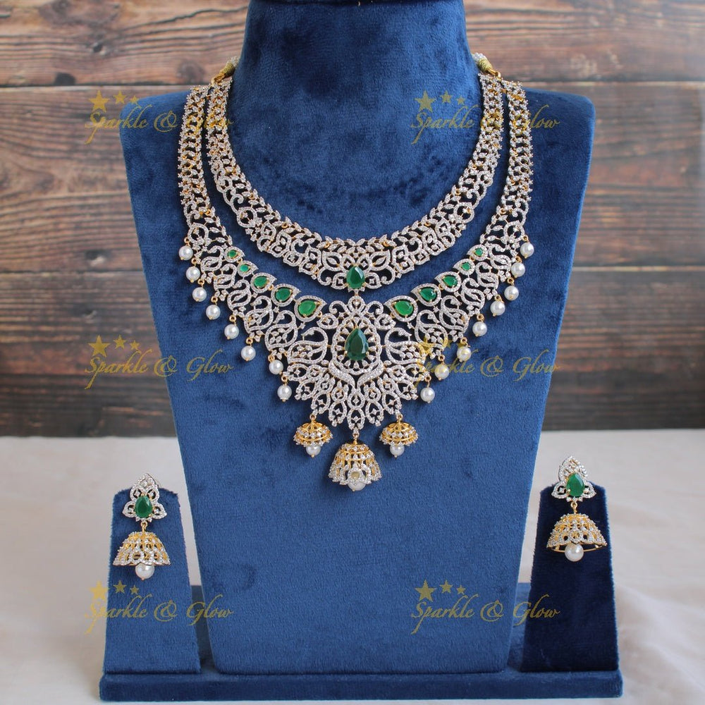Statement floral and leaf design American diamond layer necklace with jhumuka drops pealrs and emerald - green - Sparkle and Glow - Green - Back Thread