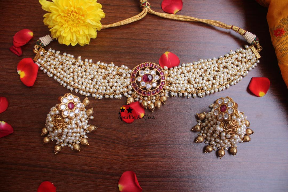 Elegant Gold high neck choker with kemp stones pendent -Green White - Sparkle and Glow