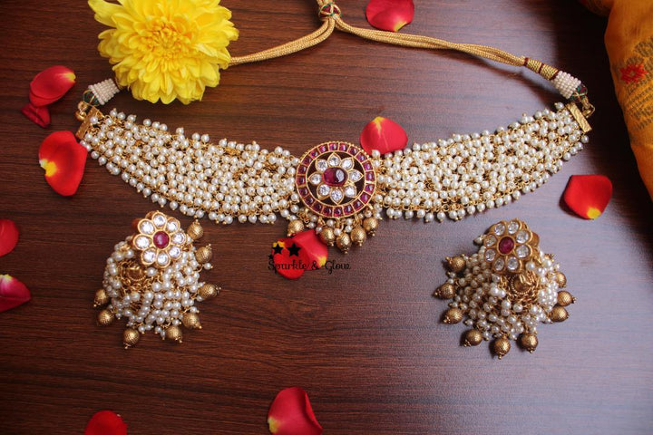 Elegant Gold high neck choker with kemp stones pendent -Green White - Sparkle and Glow