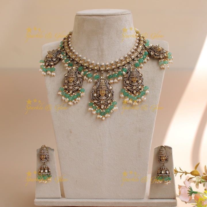 Exquisite Balaji and peacock carved victorian AD short necklace with pearls and mint green beads