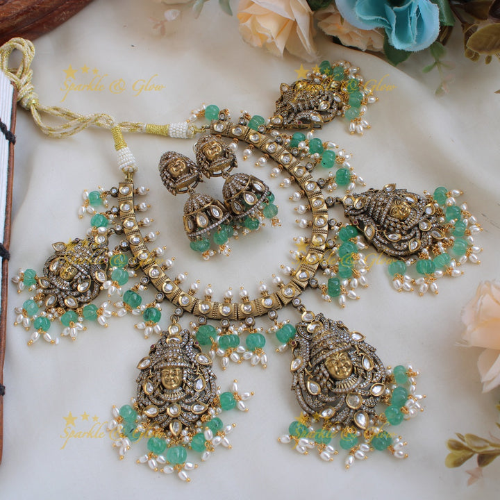 Exquisite Balaji and peacock carved victorian AD short necklace with pearls and mint green beads