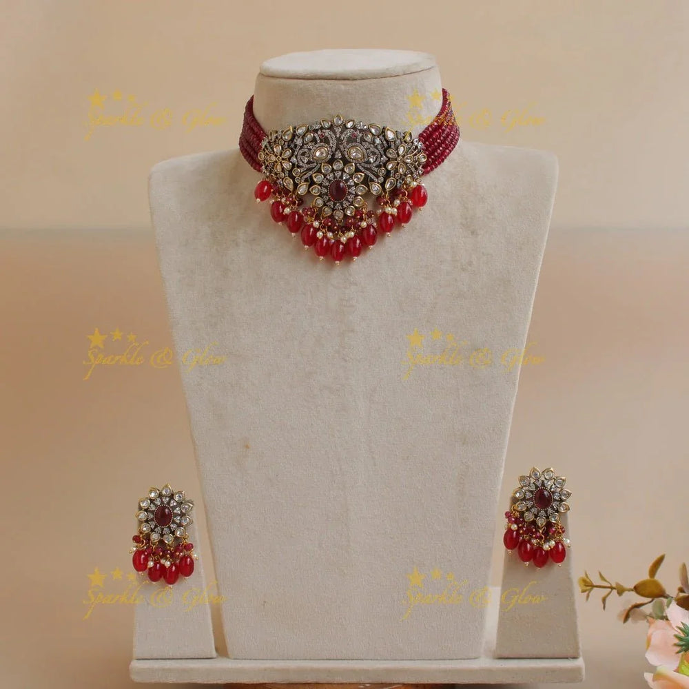 Statement Peacock floral design Victorian AD choker with multi layer red beads and stones - red - Sparkle and Glow